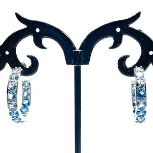 Signed JCM Hoop Earrings Blue Crystal Silver Tone Pierced Statement